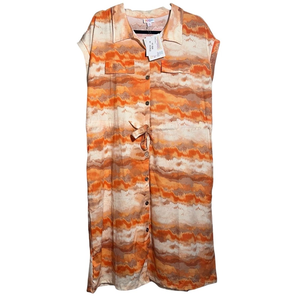 LuLaRoe Collared Stacie Dress Orange Brown Drawstring Waist Medium